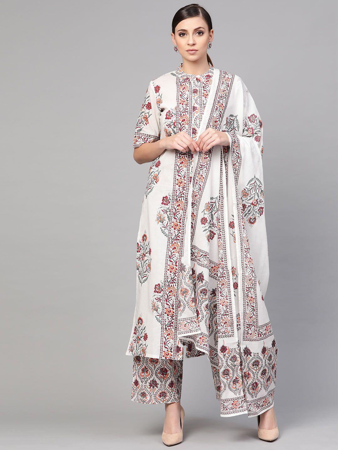 idalia women white printed kurta with palazzos & dupatta