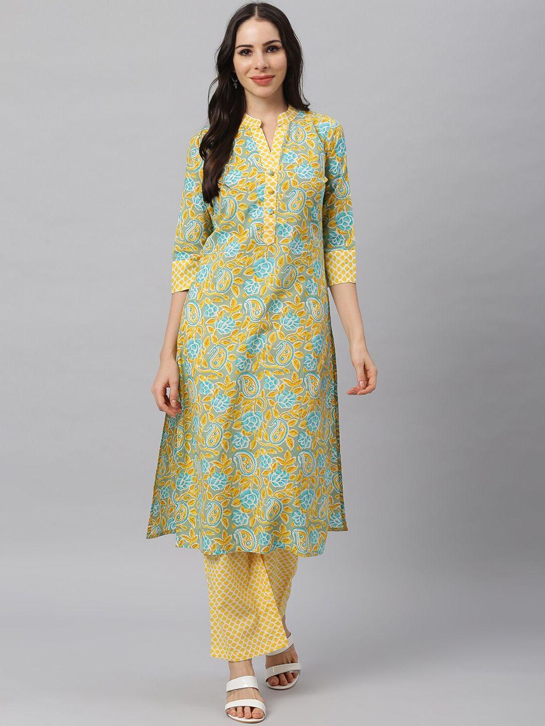 idalia women yellow & blue ethnic motifs printed pure cotton kurta with palazzos