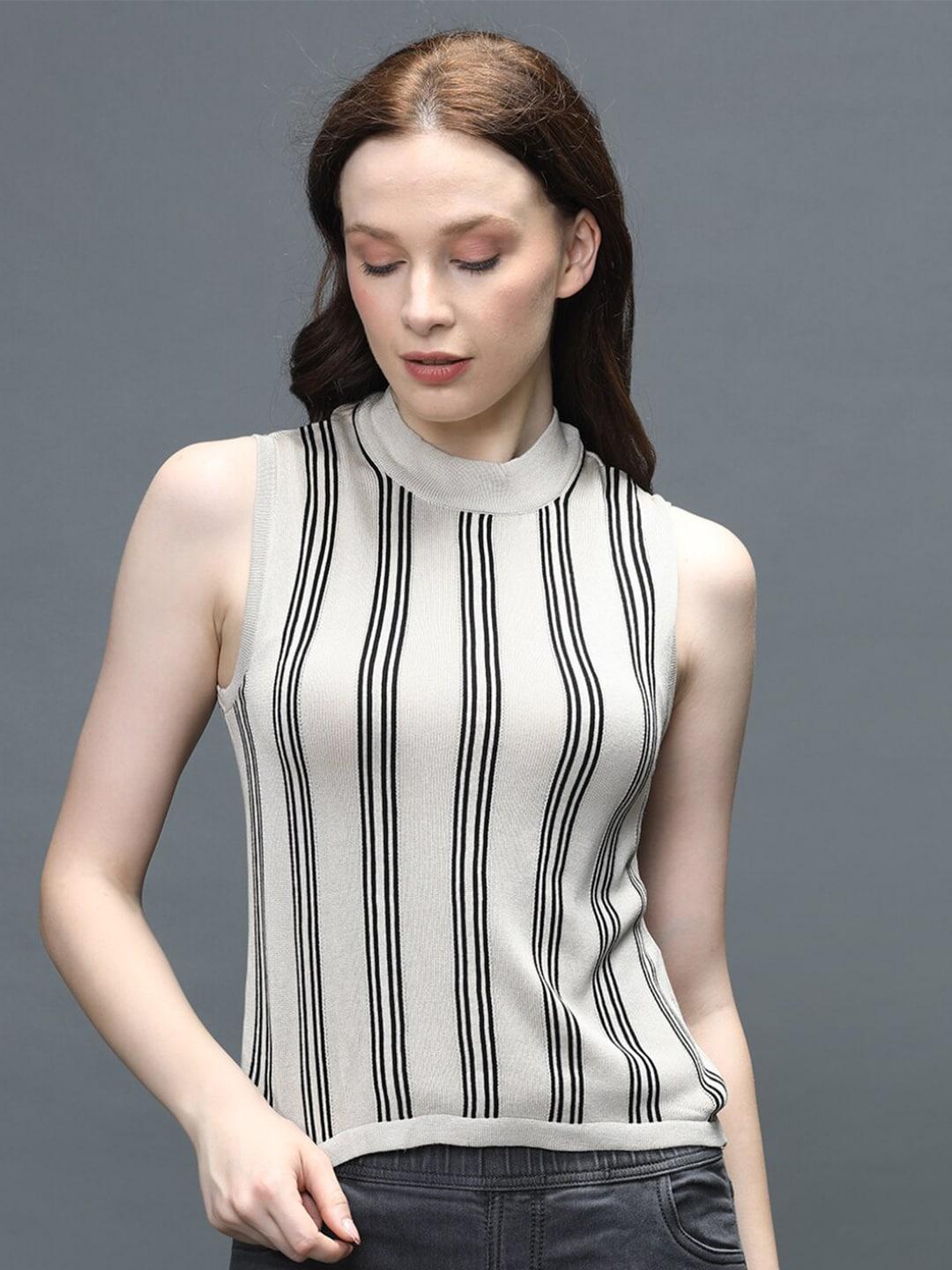 identiti women beige & black vertical striped top