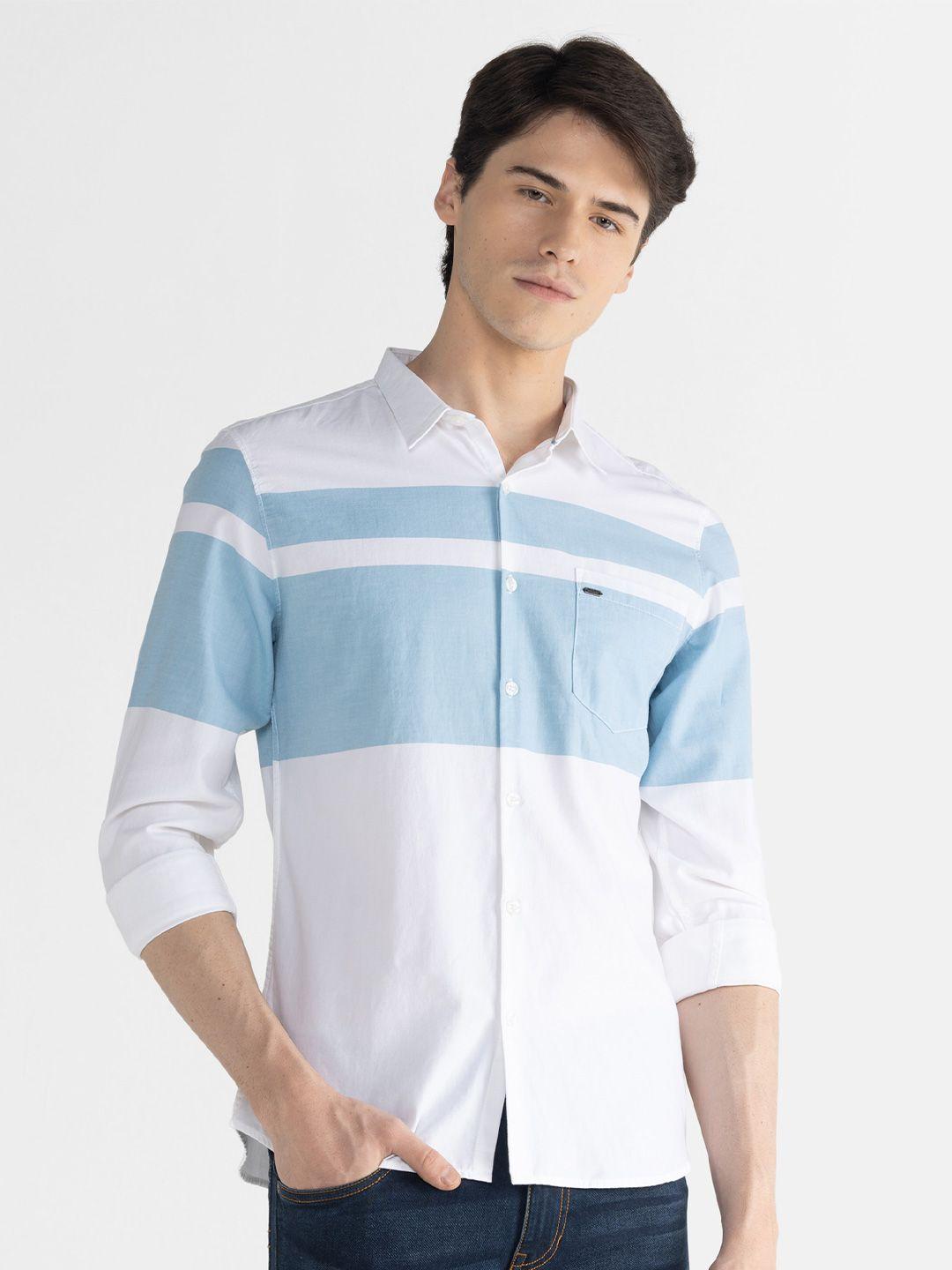 identiti slim fit colourblocked casual dobby pure cotton shirt
