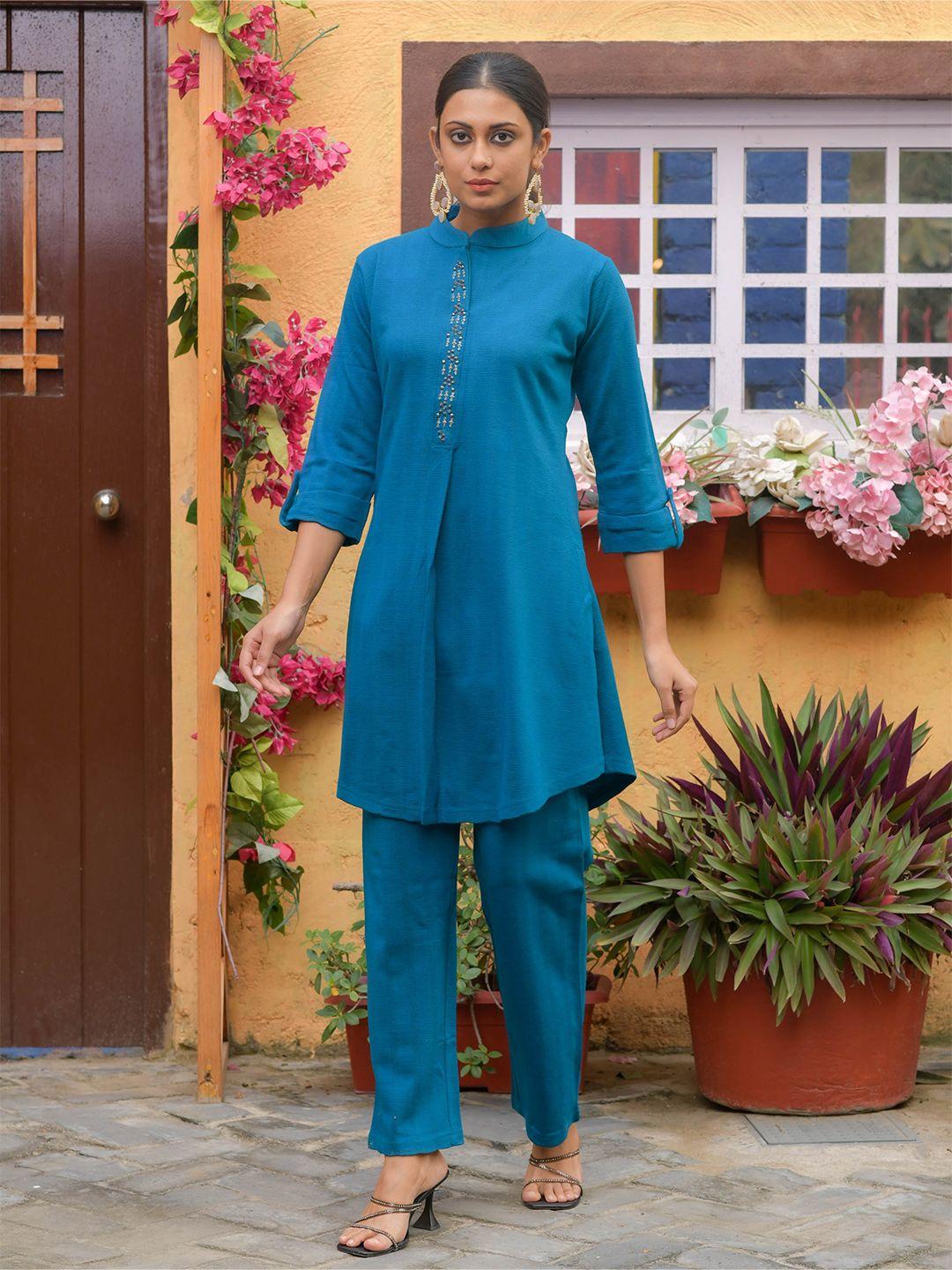 idhu beads and stones mandarin collar pure acrylic straight kurta