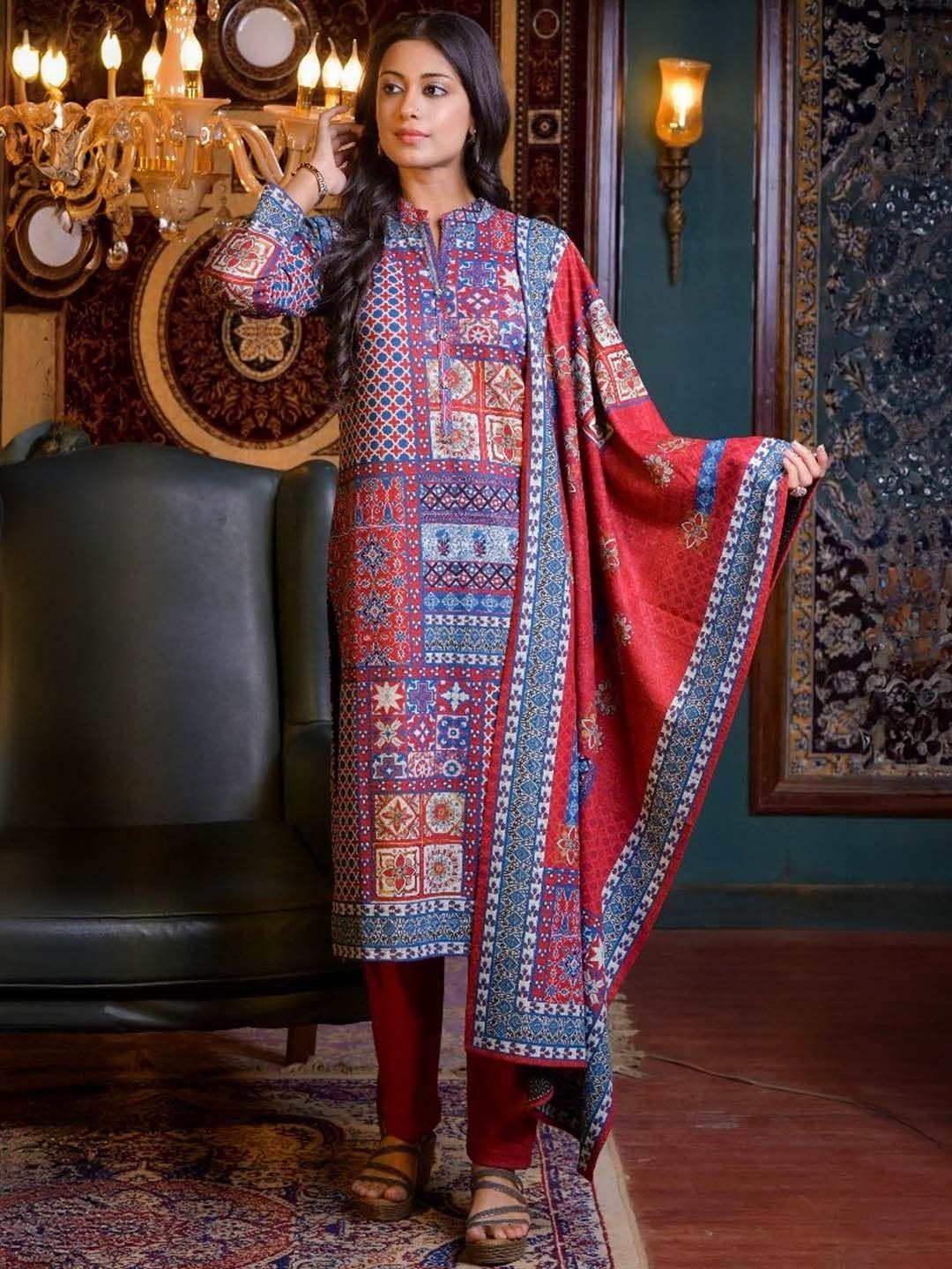 idhu ethnic motifs printed mandarin collar kurta with trousers & dupatta