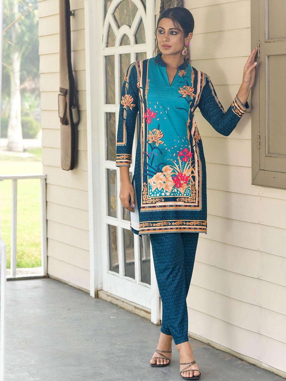 idhu ethnic motifs printed mandarin collar straight kurta