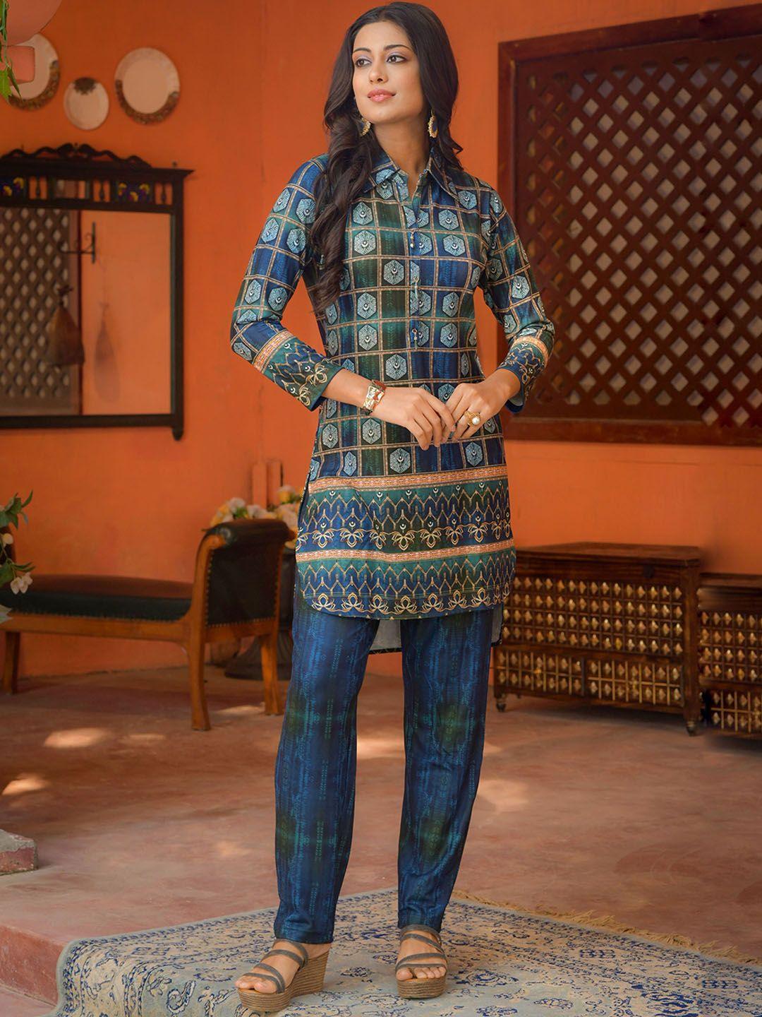 idhu ethnic motifs printed regular straight kurta with trousers