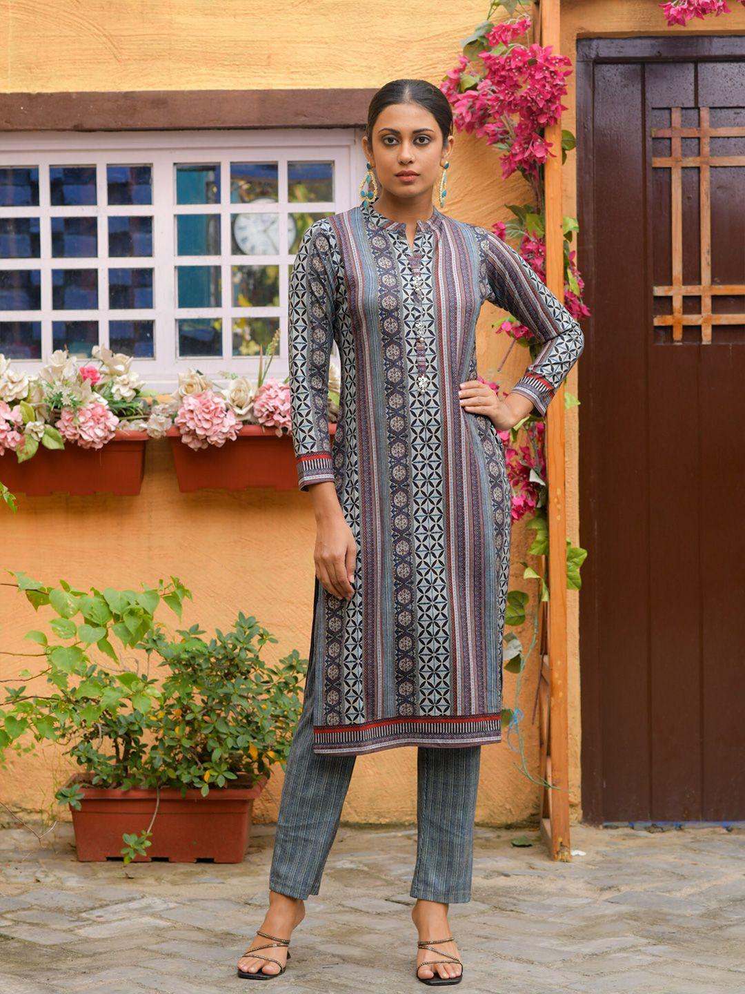 idhu women grey & smoked pearl ethnic motifs printed kurta