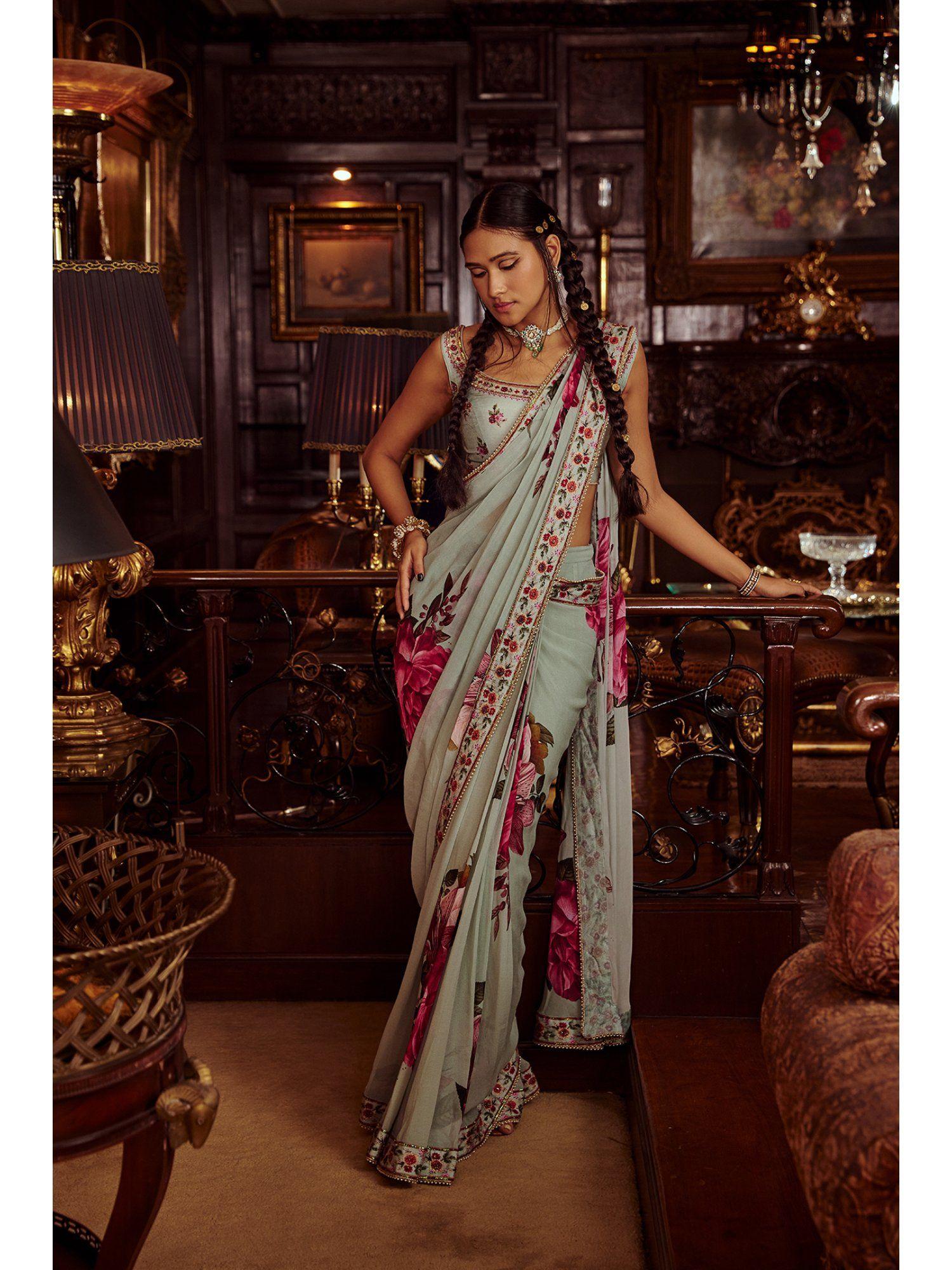 idika vintage rose handcrafted saree with stitched