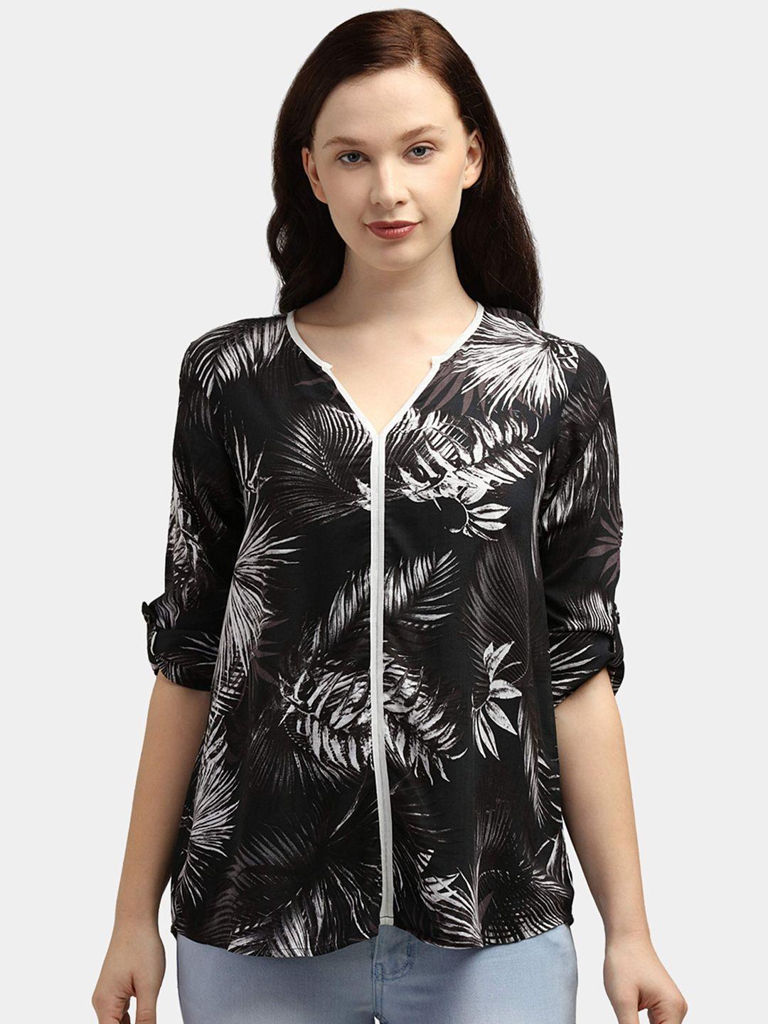 idk black floral print roll-up sleeves shirt style top