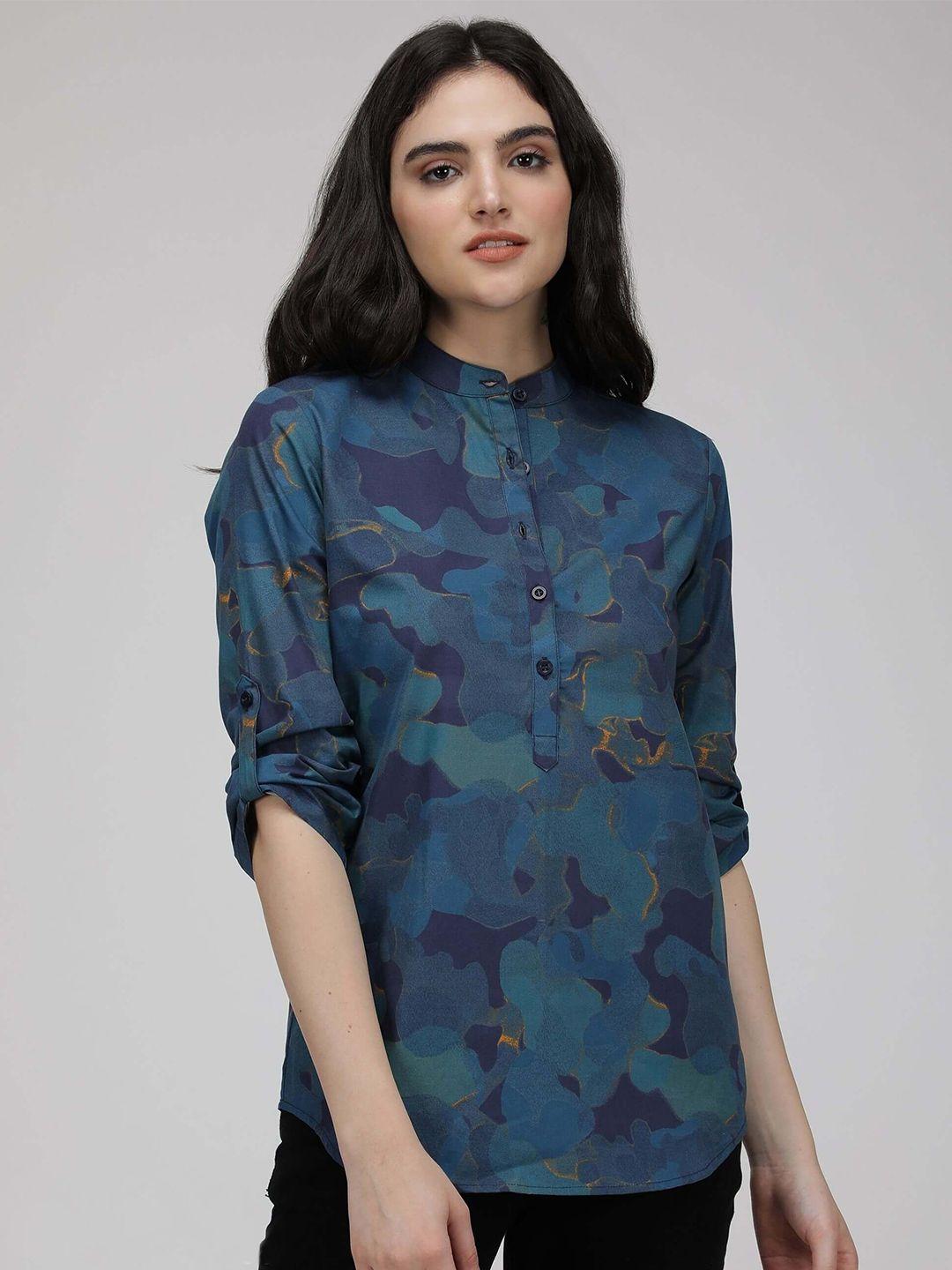 idk camouflage printed mandarin collar roll-up sleeves shirt style top
