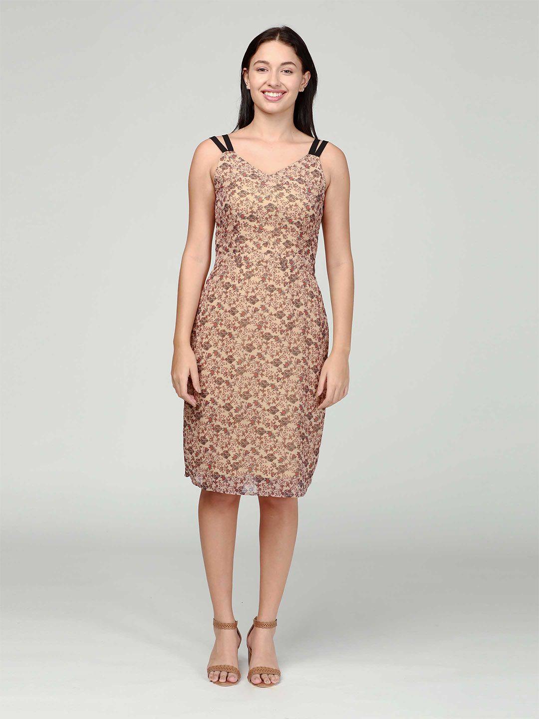 idk beige floral print georgette bodycon dress