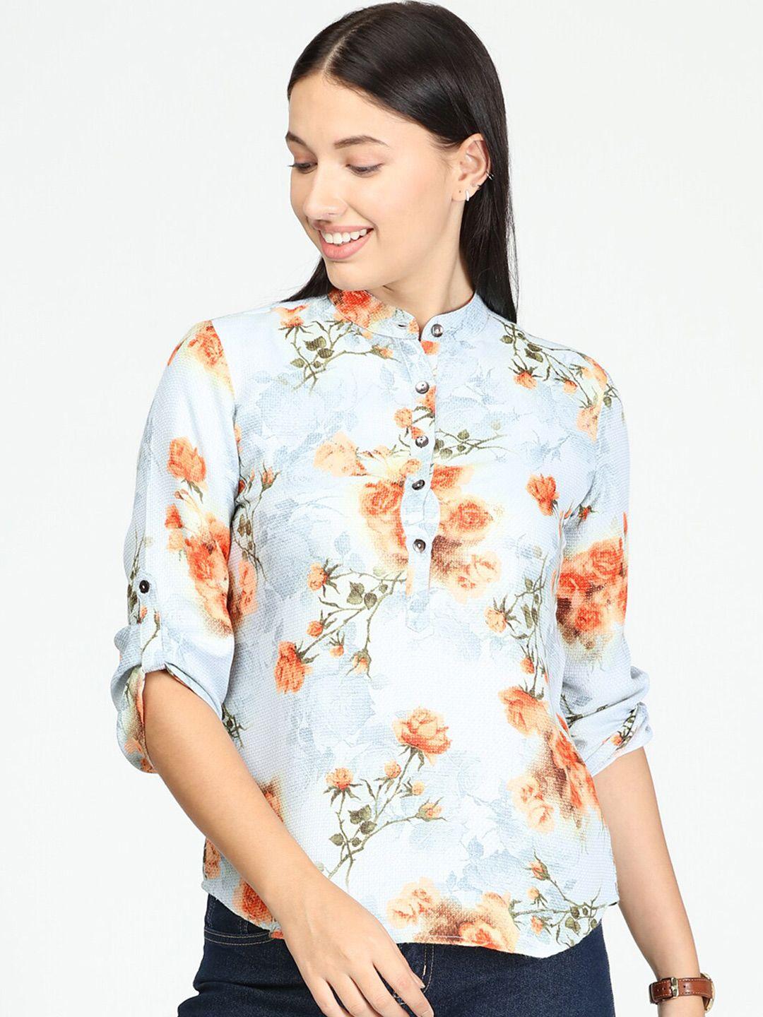 idk blue floral print roll-up sleeves top