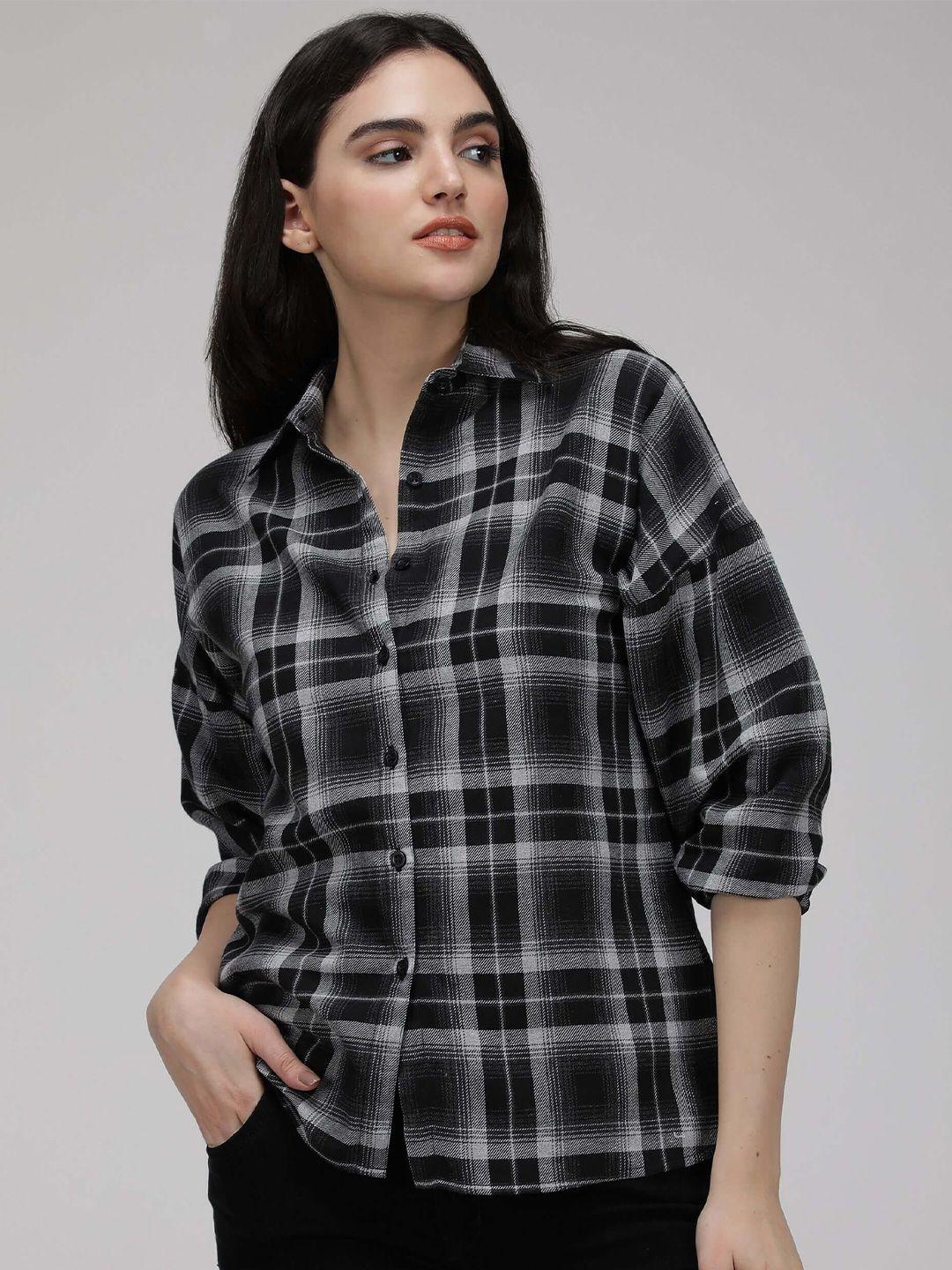 idk checked spread collar roll-up sleeves shirt style top