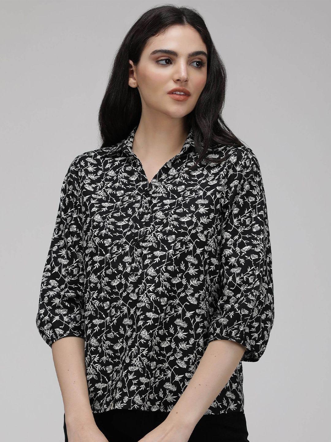 idk floral printed spread collar puff sleeves cotton casual shirt