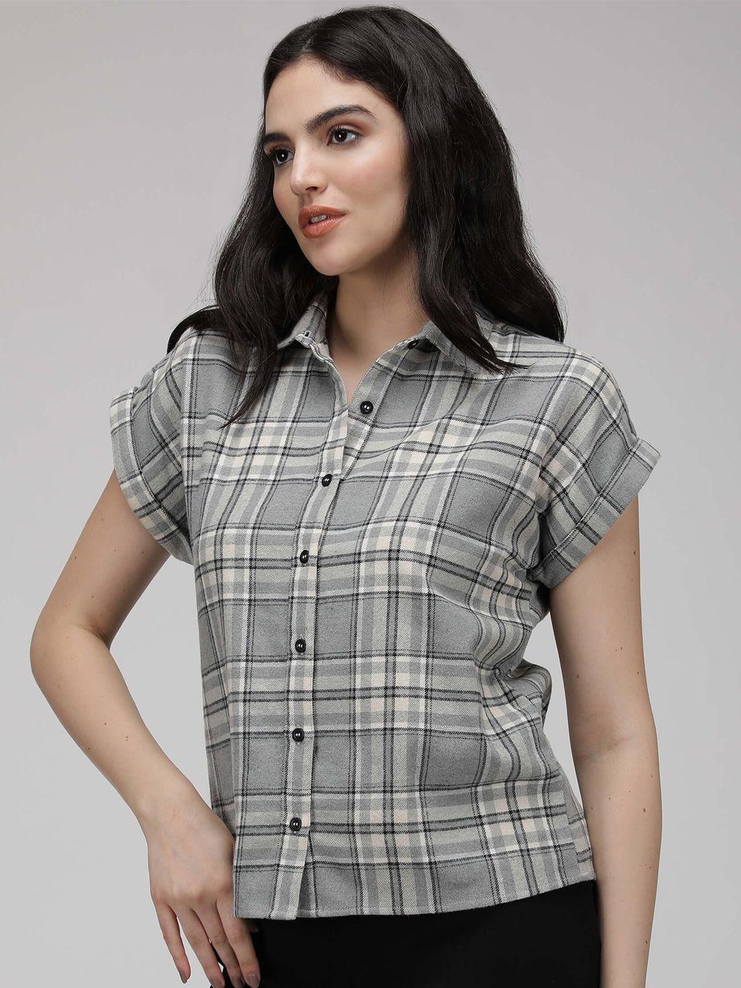 idk gingham checks spread collar casual shirt