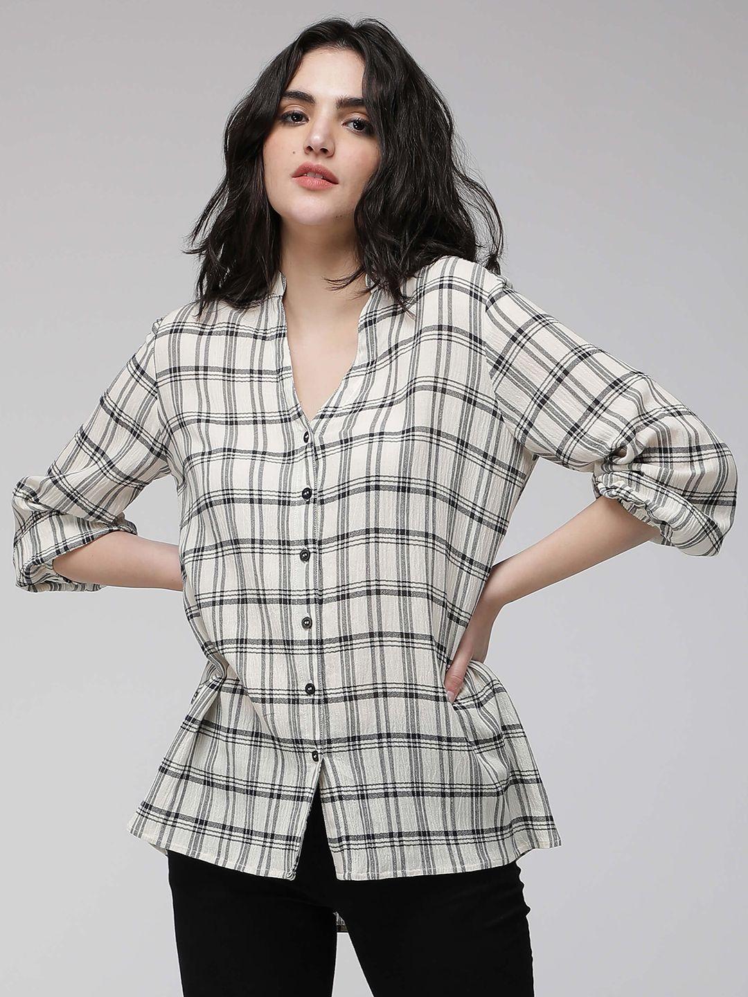 idk white checked mandarin collar roll-up sleeves shirt style top