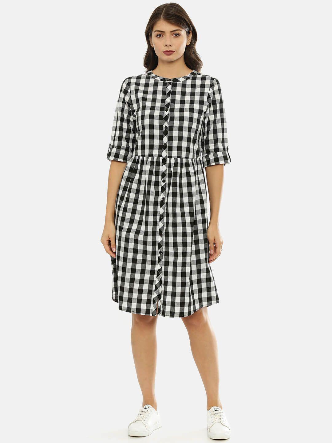 idk women black & white checked fit & flare dress