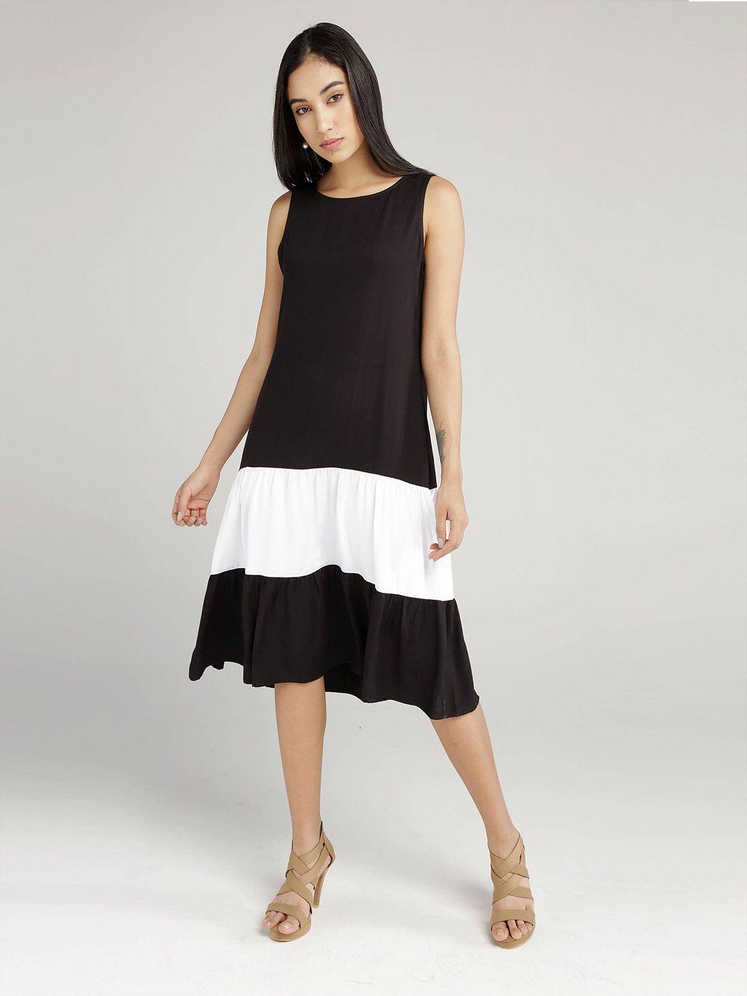 idk women black & white colourblocked drop waist dress