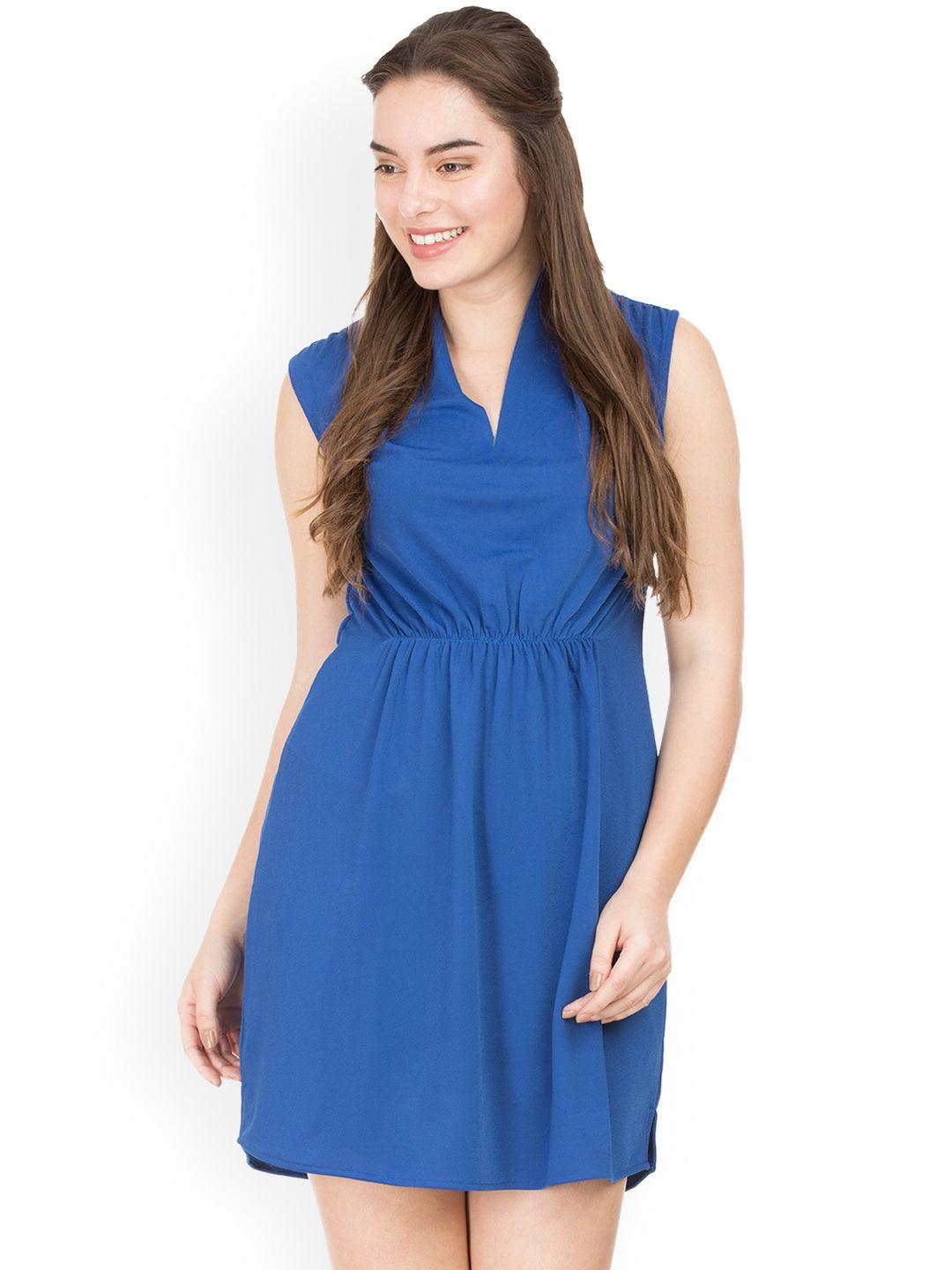 idk women blue solid fit and flare dress