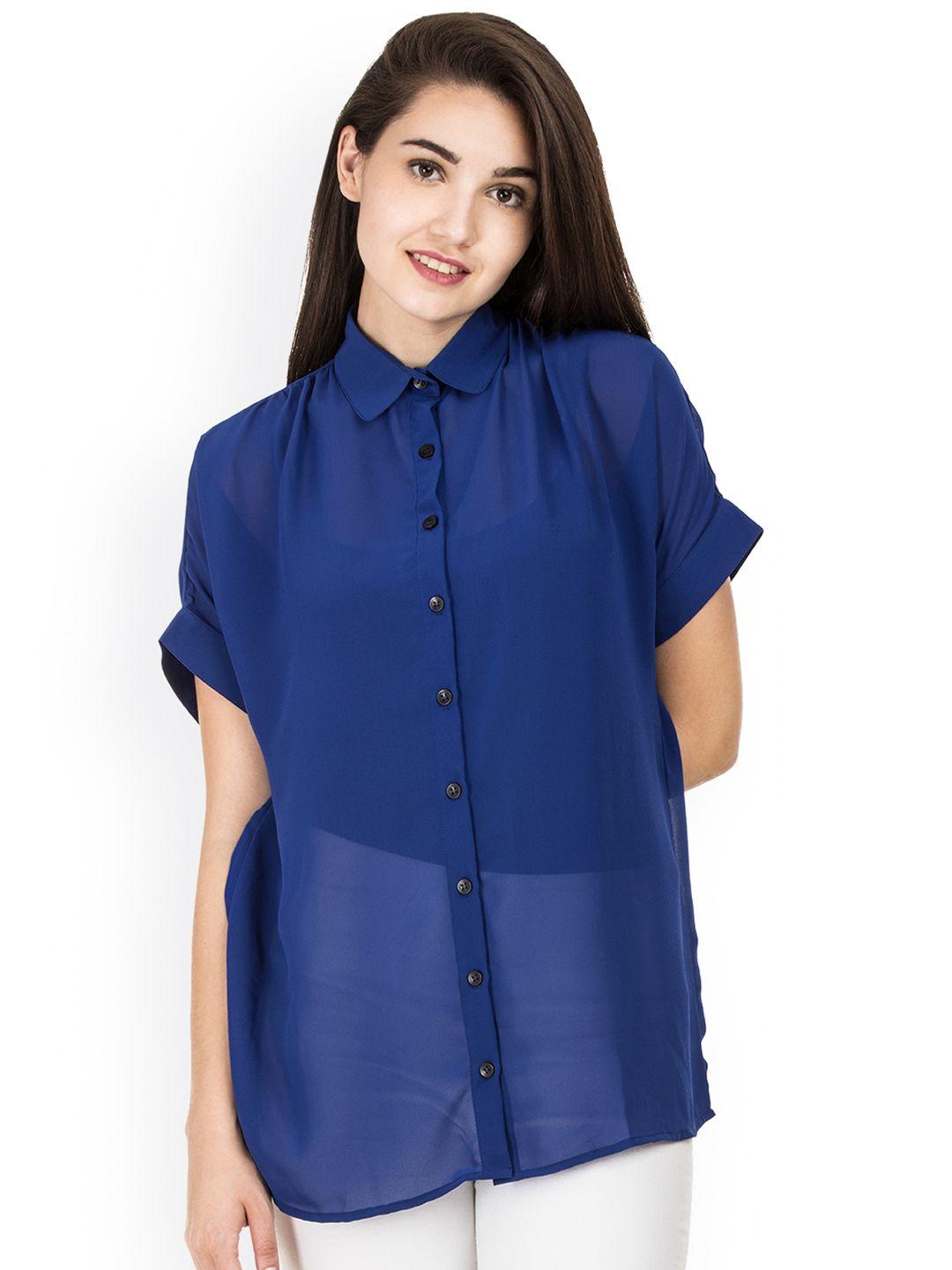 idk women blue solid shirt style top