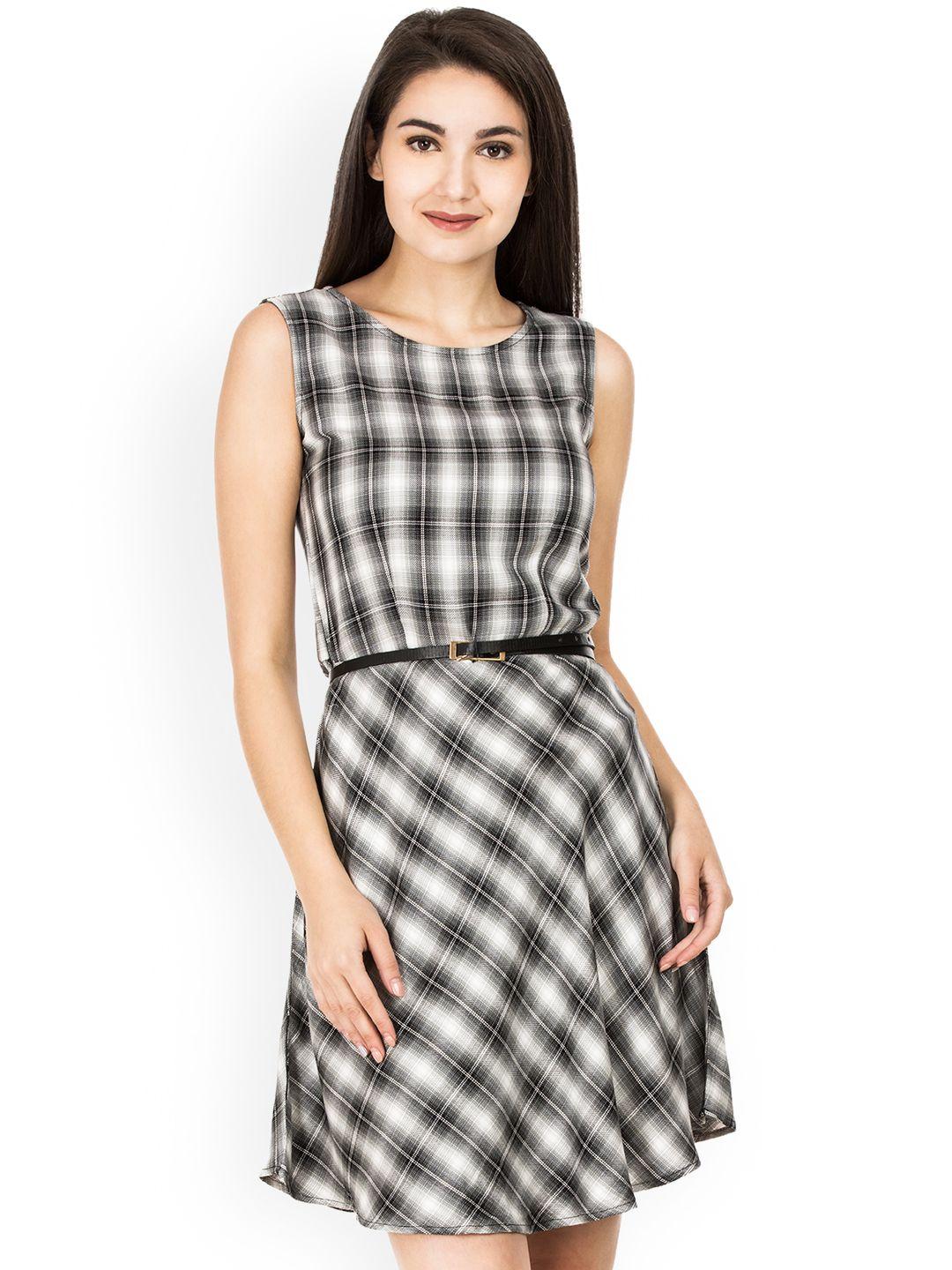 idk women grey checked fit and flare dress