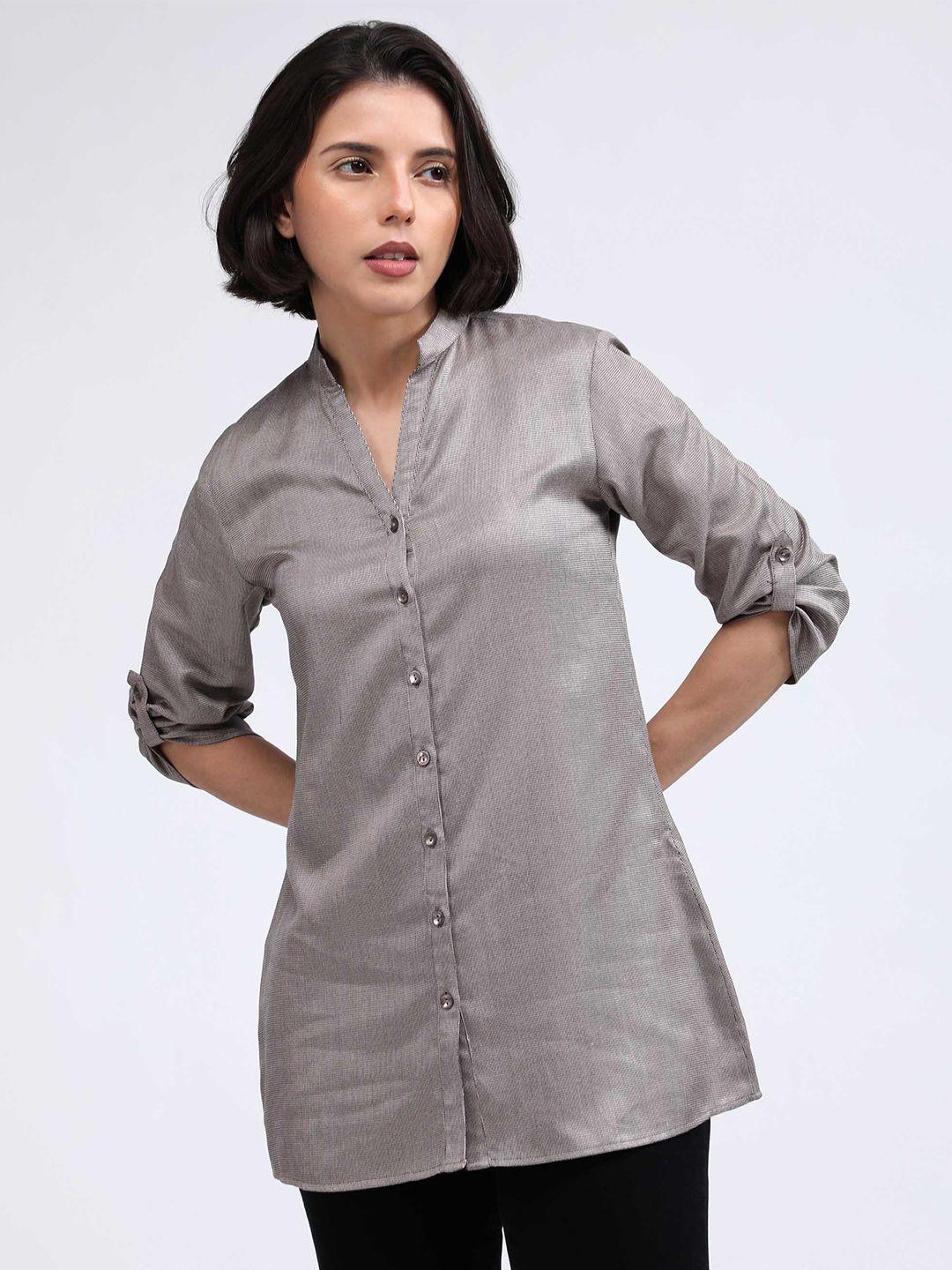 idk women grey mandarin collar roll-up sleeves shirt style longline top