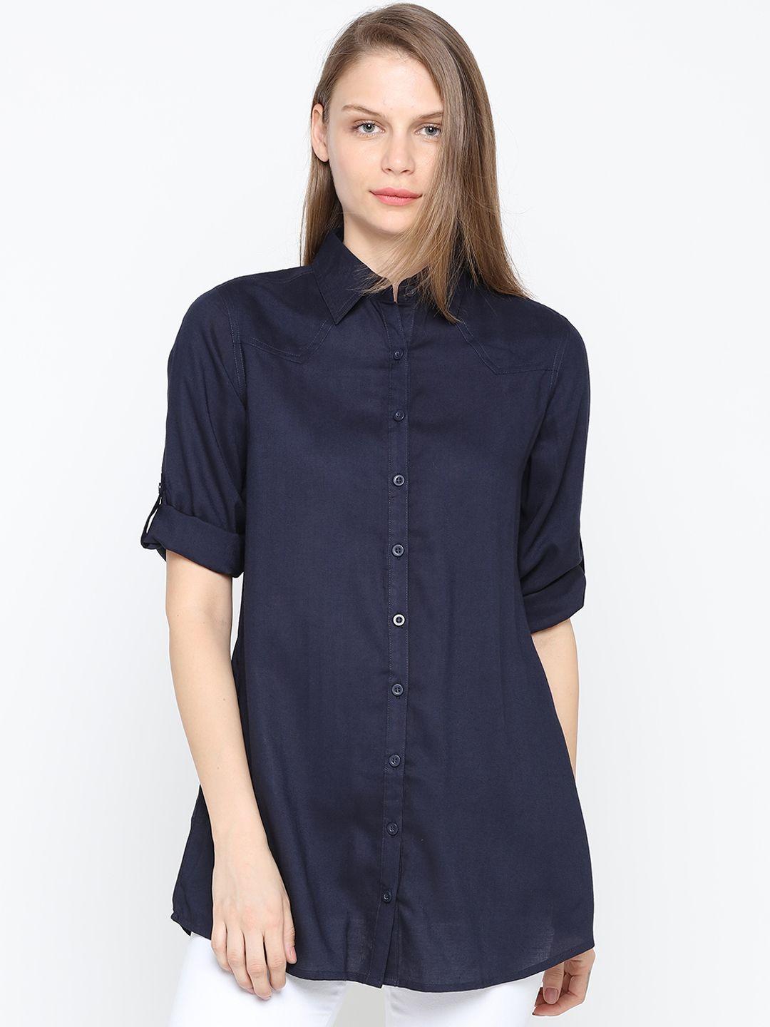idk women navy blue solid shirt style top