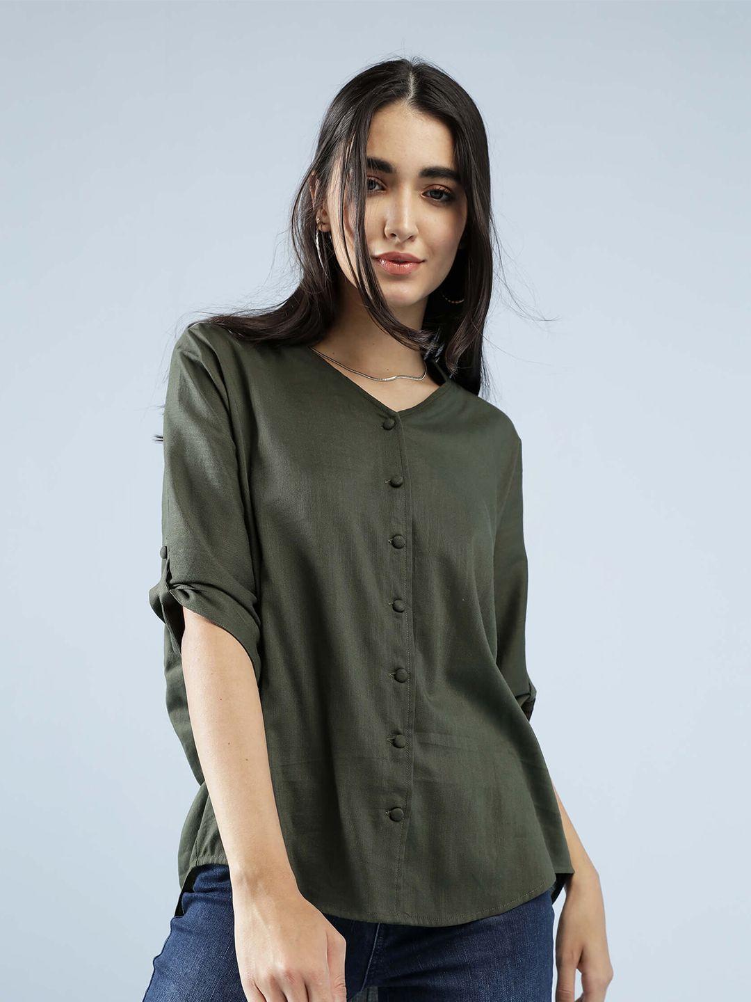 idk women olive green solid roll-up sleeves shirt style top