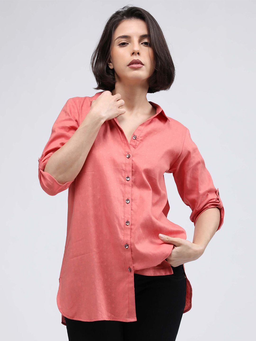idk women peach-coloured roll-up sleeves shirt style longline top