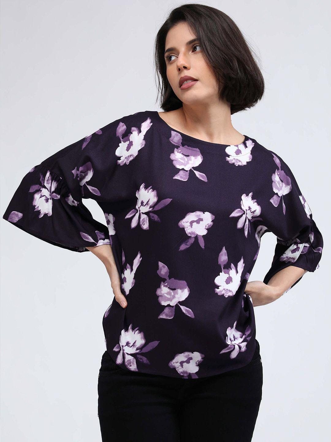 idk women purple & white floral printed extended sleeves top