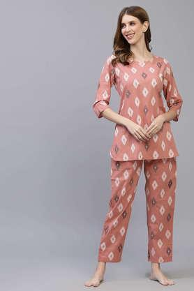 ikat print rayon women's night suit set - blush