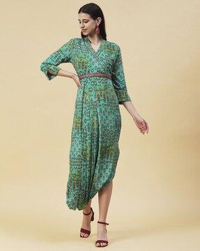 ikat print a-line dress with belt