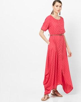ikat print a-line dress with belt