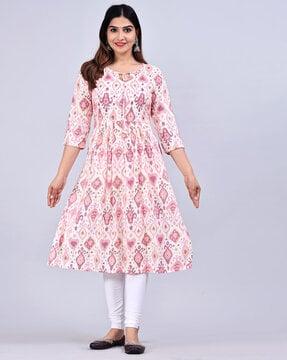 ikat print flared kurta with neck tie-up