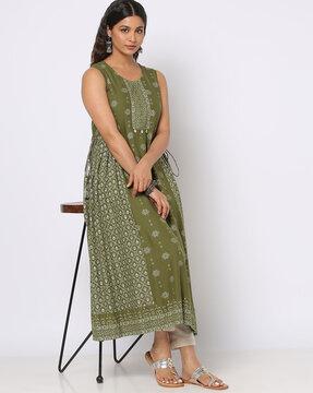 ikat print flared kurta with side tie-up