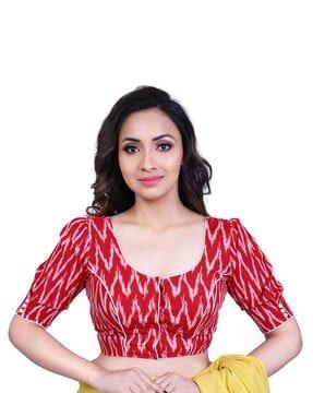 ikat print front open stitched blouse