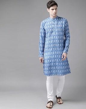 ikat print long kurta with mandarin collar