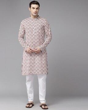 ikat print long kurta with mandarin collar