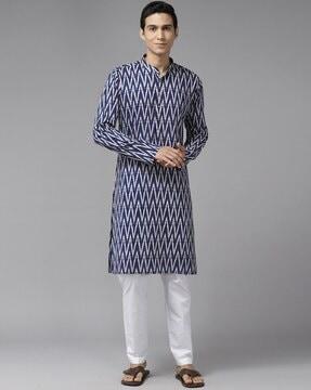 ikat print long kurta with mandarin collar