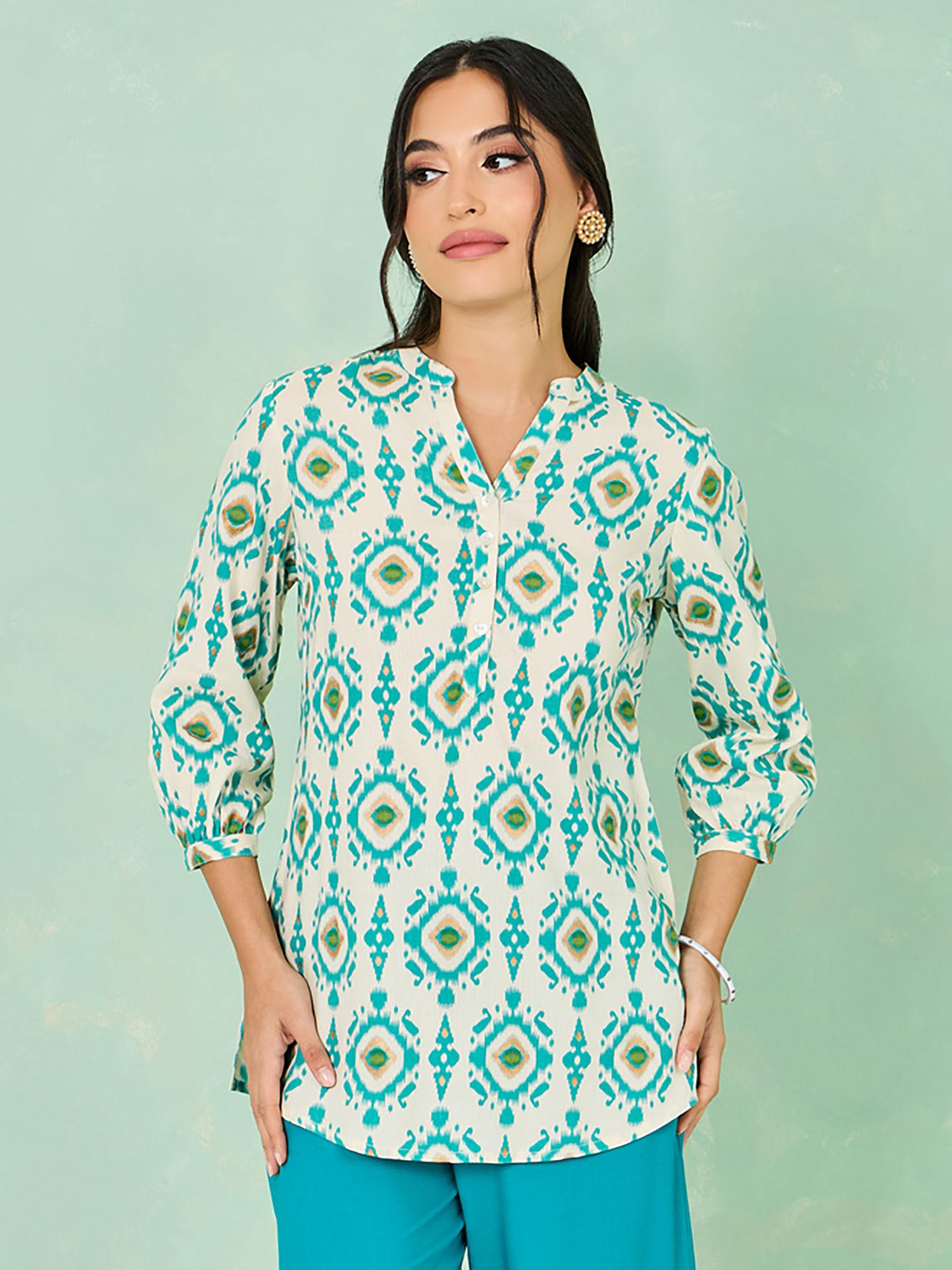 ikat print notch neck tunic off white