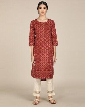 ikat print round-neck straight kurta