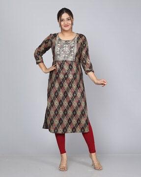 ikat print round-neck straight kurta