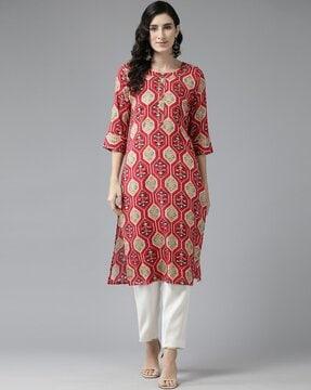 ikat print round-neck straight kurta