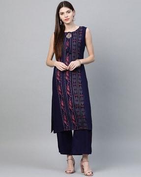 ikat print round-neck straight kurta