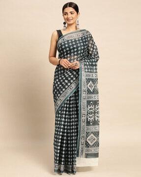 ikat print saree with contrast border