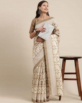 ikat print saree with contrast border