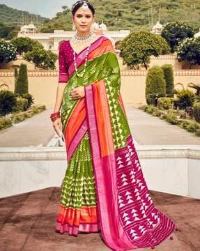 ikat print saree with contrast border