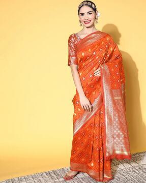 ikat print saree with floral print blouse piece