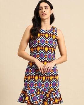 ikat print shift dress with flared hem