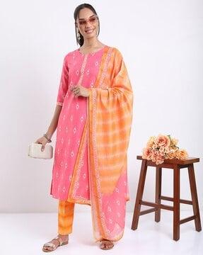 ikat print straight kurta suit set