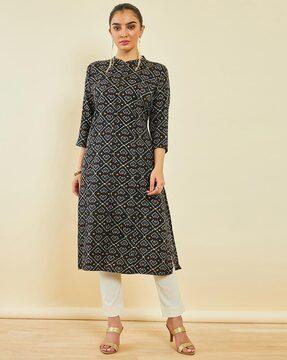 ikat print straight kurta with band collar