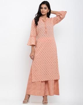 ikat print straight kurta with bell sleeves